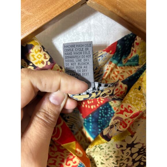 Robert Stock 100% Silk Button Up Small Colorful Geometric Floral Patchwork 90s - Picture 9 of 12